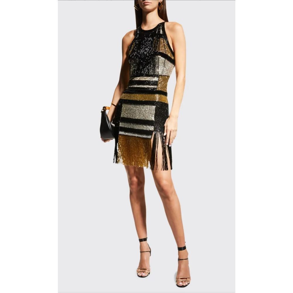 NWT NAEEM KHAN BEADED FRINGE MINI DRESS IN GOLD MULTI $5995